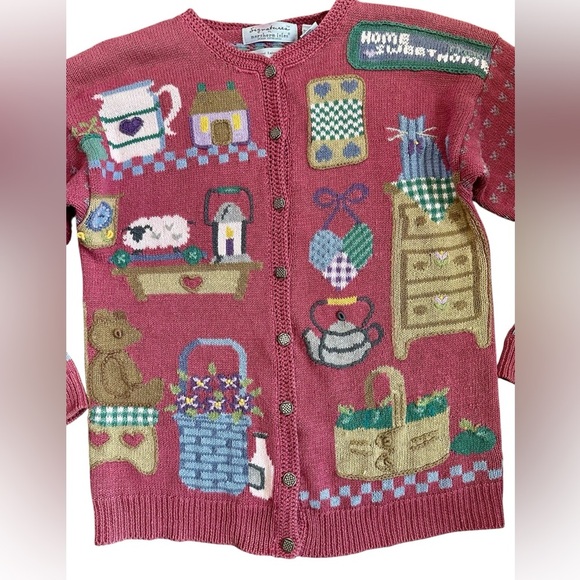 Vintage Northern Isles Home Sweet Home Embroidered Pink Cardigan Sweater Sz S - Picture 8 of 11